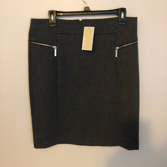 NWT Michael Kors Pencil Skirt SZ 12 Gray Stretch Derby Zipper Pocket Lin… - Picture 1 of 6